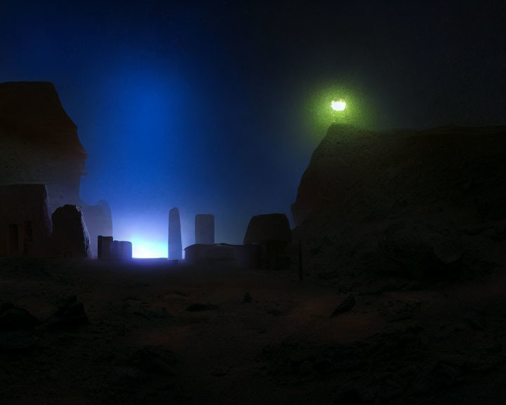 Ancient desert city night scene with glowing blue and green lights