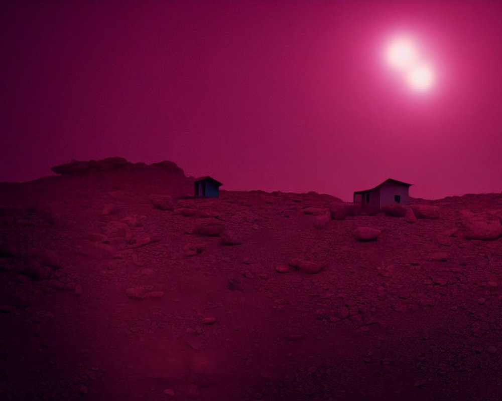 Magenta-Hued Landscape with Small Houses and Pink Sky