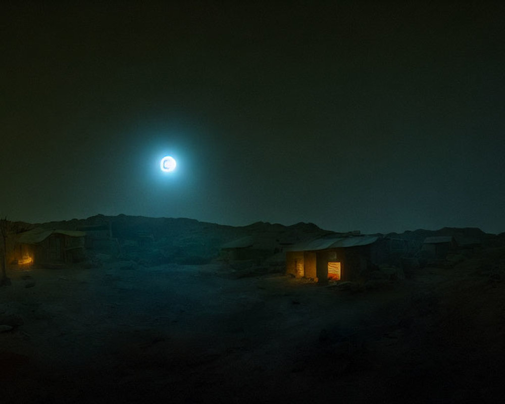 Desolate village at night with eclipsed moon and dramatic sky