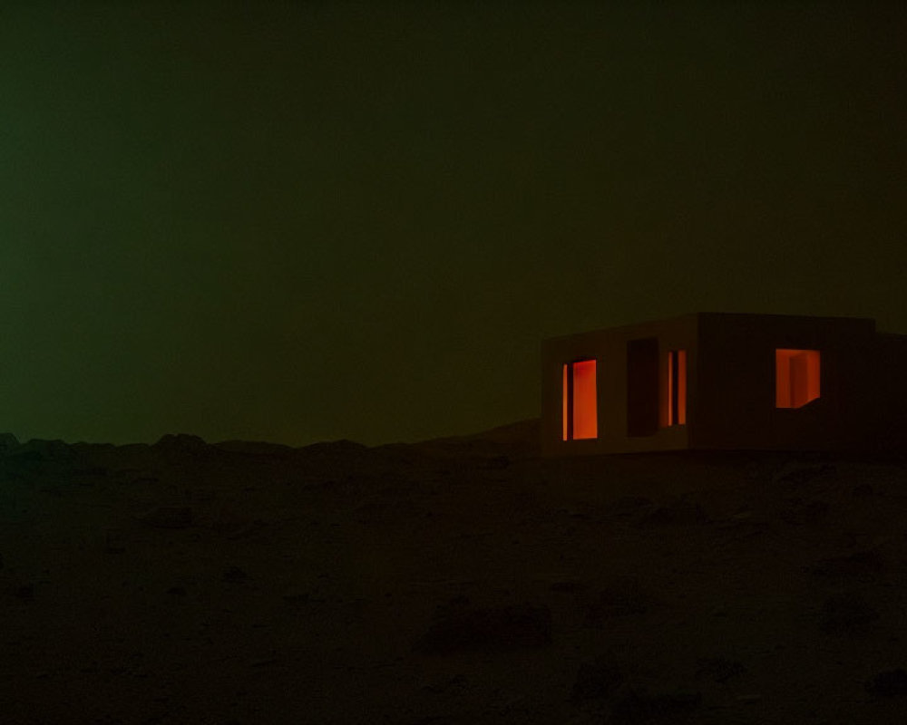 Isolated Structure with Glowing Windows on Rocky Martian Terrain