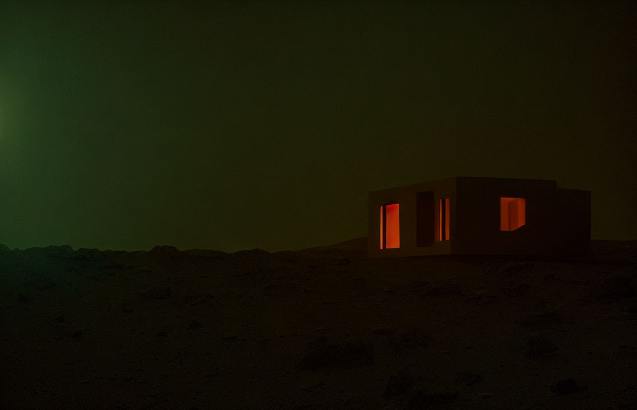 Isolated Structure with Glowing Windows on Rocky Martian Terrain