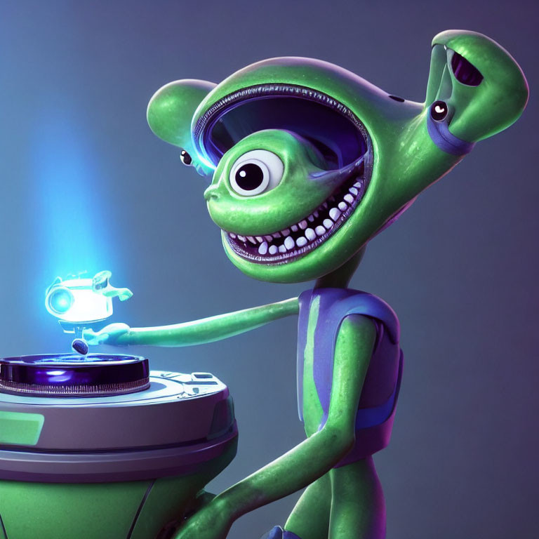 3D animated alien in spacesuit explores futuristic hologram