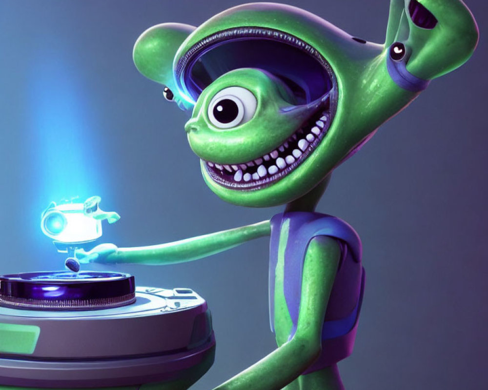 3D animated alien in spacesuit explores futuristic hologram