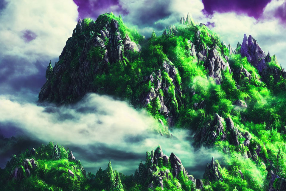 Scenic green mountains under purple sky and white clouds