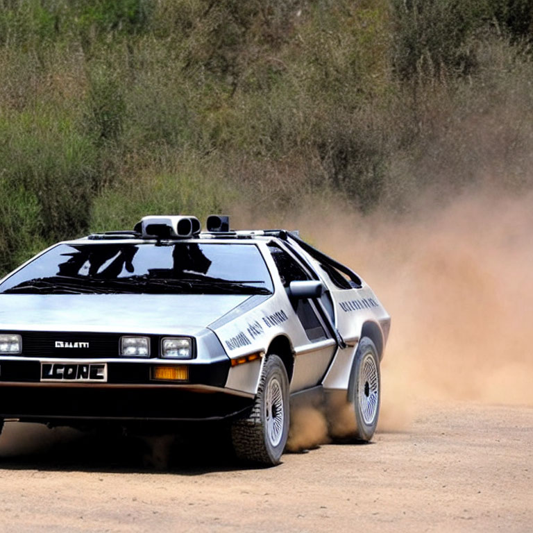 Silver DeLorean DMC-12 on dirt road with gull-wing doors