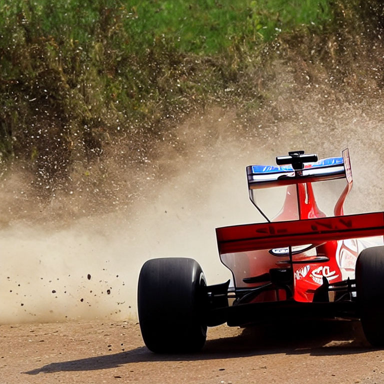 Red Formula 1 car skidding off track onto grassy verge