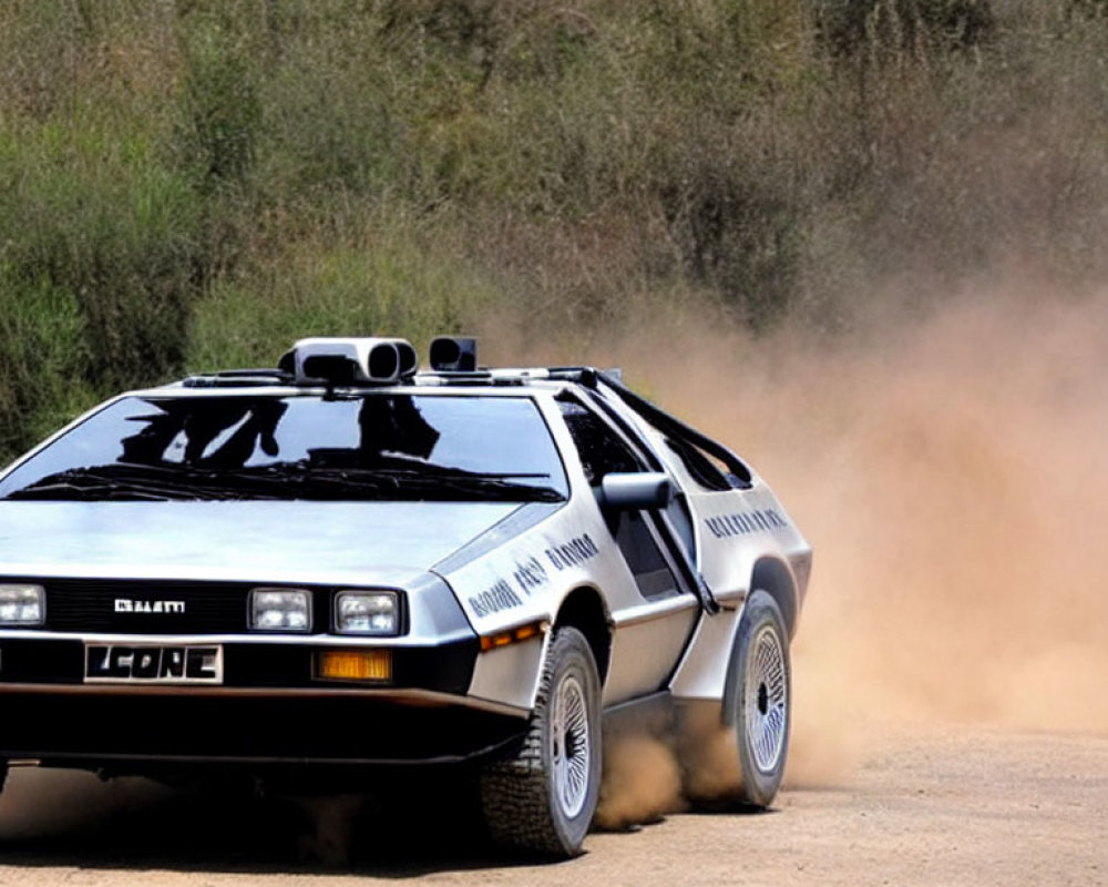 Silver DeLorean DMC-12 on dirt road with gull-wing doors