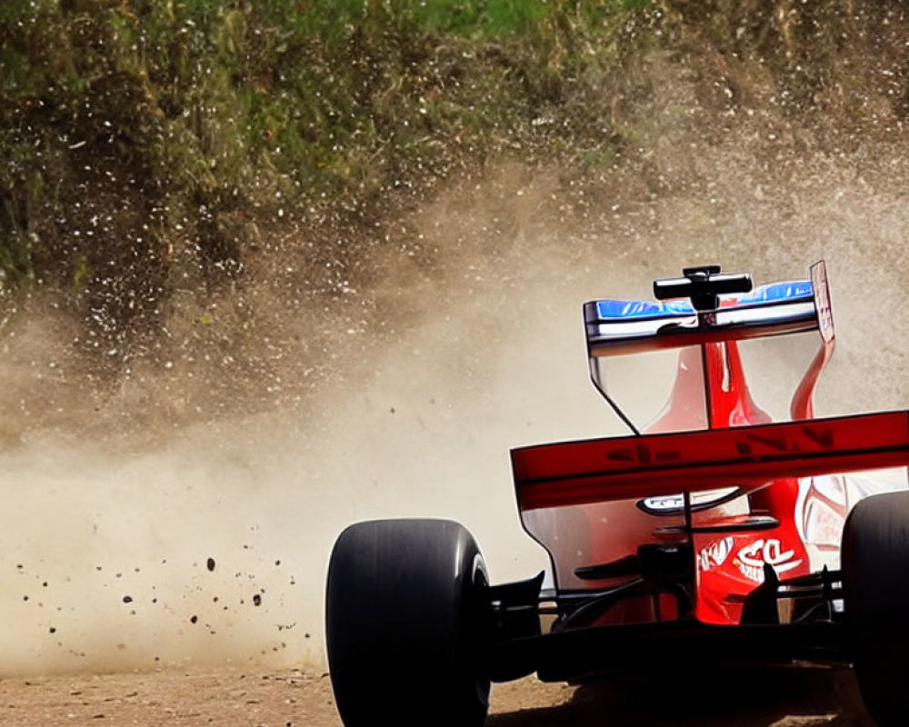 Red Formula 1 car skidding off track onto grassy verge