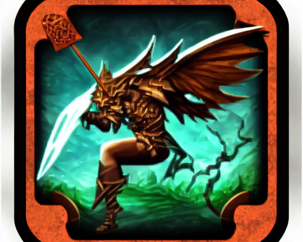 Armored winged character with glowing sword and shield in stylized frame