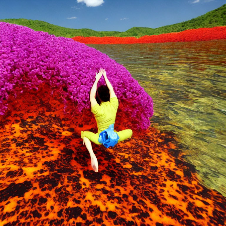 Person meditating in yellow shirt and blue shorts among red and purple floral hills near orange-tinged