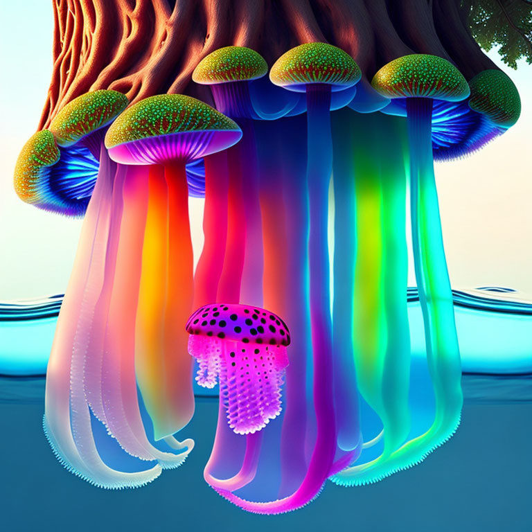 Colorful surreal illustration: Neon jellyfish with mushroom-like caps under tree in water