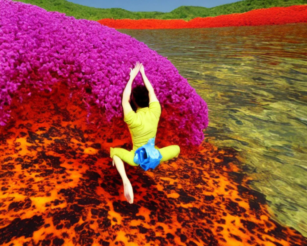 Person meditating in yellow shirt and blue shorts among red and purple floral hills near orange-tinged