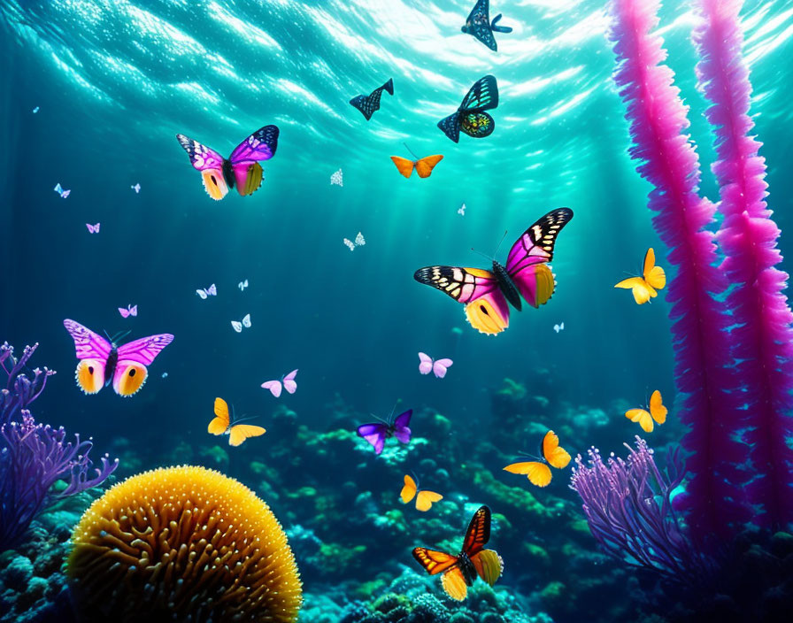Colorful butterflies and vibrant coral reefs in underwater scene