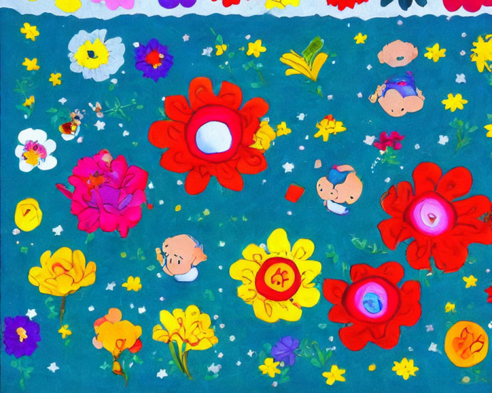 Vibrant child-like drawing with flowers, suns, and playing children