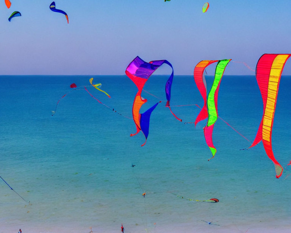 Vibrant kites soar above sandy beach with clear blue waters.