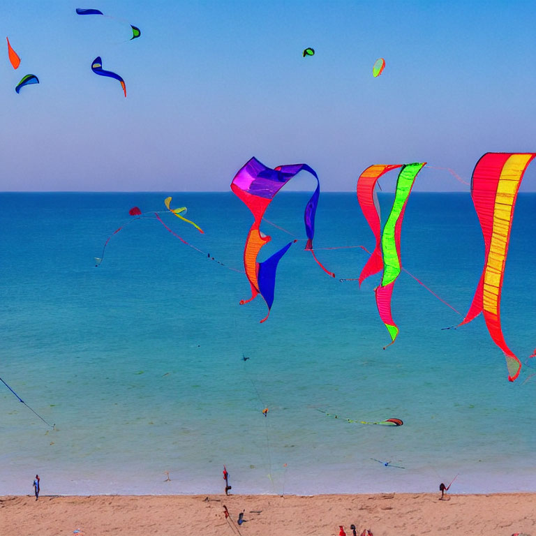 Vibrant kites soar above sandy beach with clear blue waters.