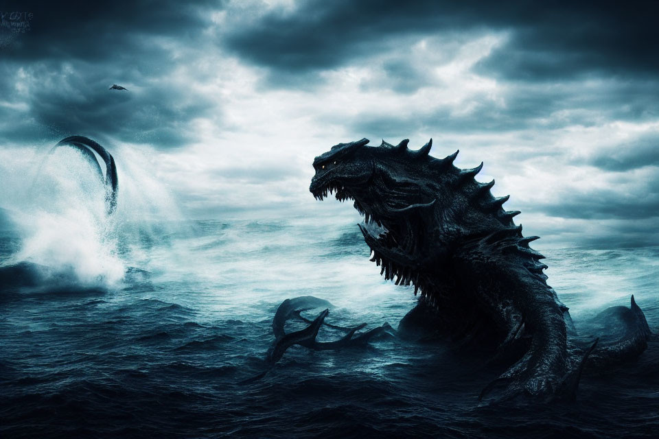 Majestic dragon-like creature emerges from dark sea with serpentine figure under stormy sky