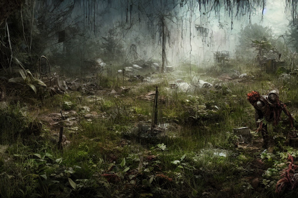 Post-apocalyptic scene with overgrown vegetation, gas-masked figure, and dilapidated structures.
