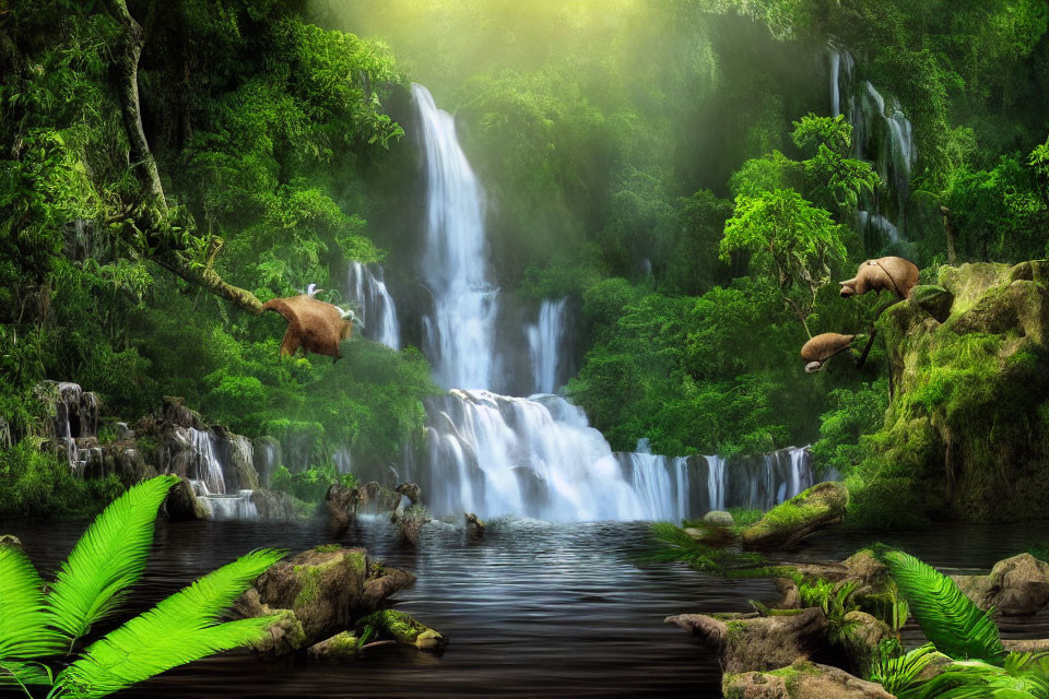 Serene forest scene with multi-tiered waterfall and grazing deer