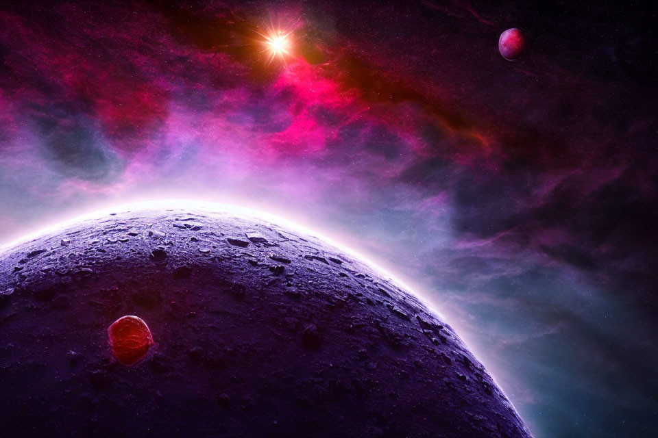 Cratered celestial body, glowing star, and planets in cosmic scene