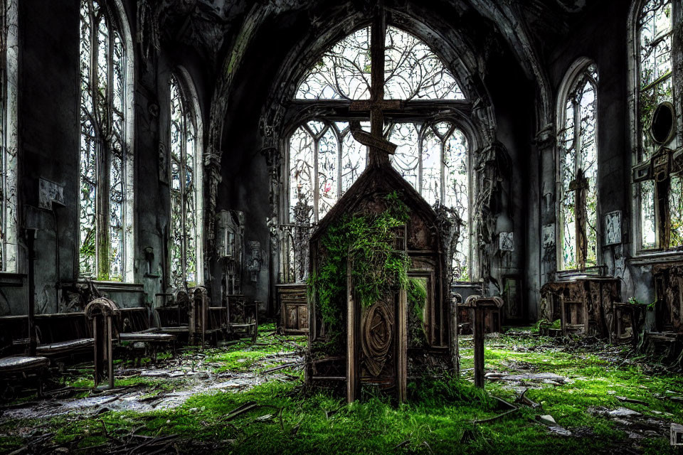 Decaying church interior with overgrown vegetation, broken altar, pews, and stained glass windows