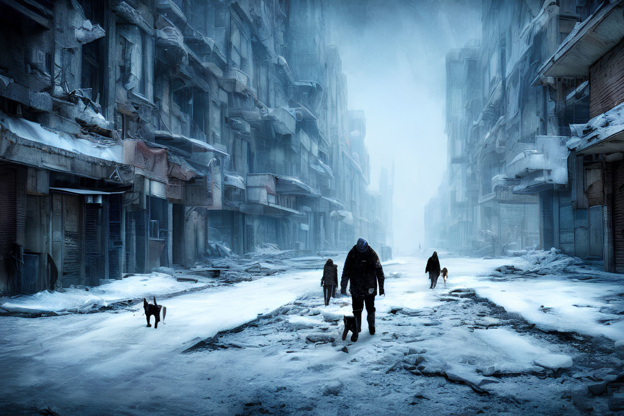Desolate snowy urban landscape with figures and dog among abandoned ice-covered buildings