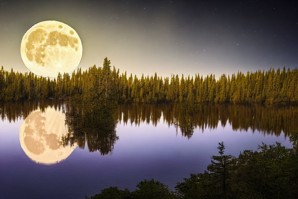 Tranquil Night Landscape with Full Moon Reflecting on Lake