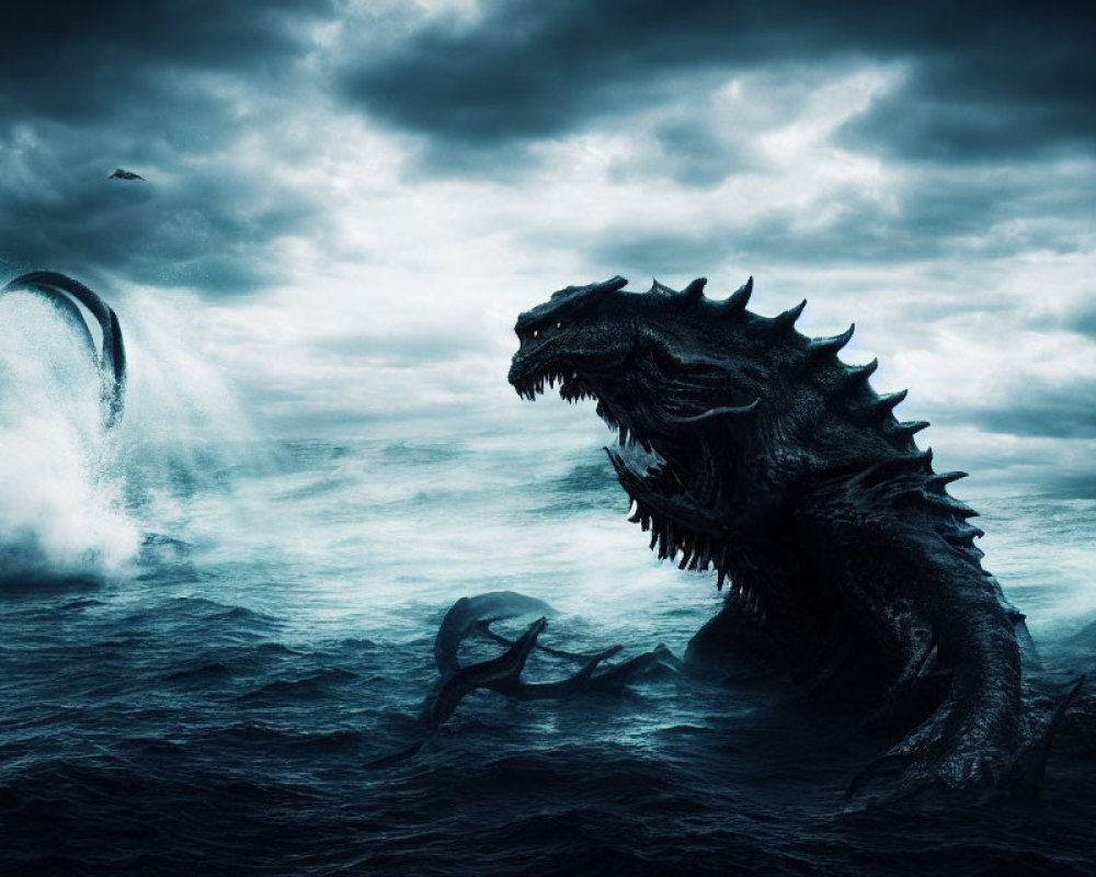Majestic dragon-like creature emerges from dark sea with serpentine figure under stormy sky