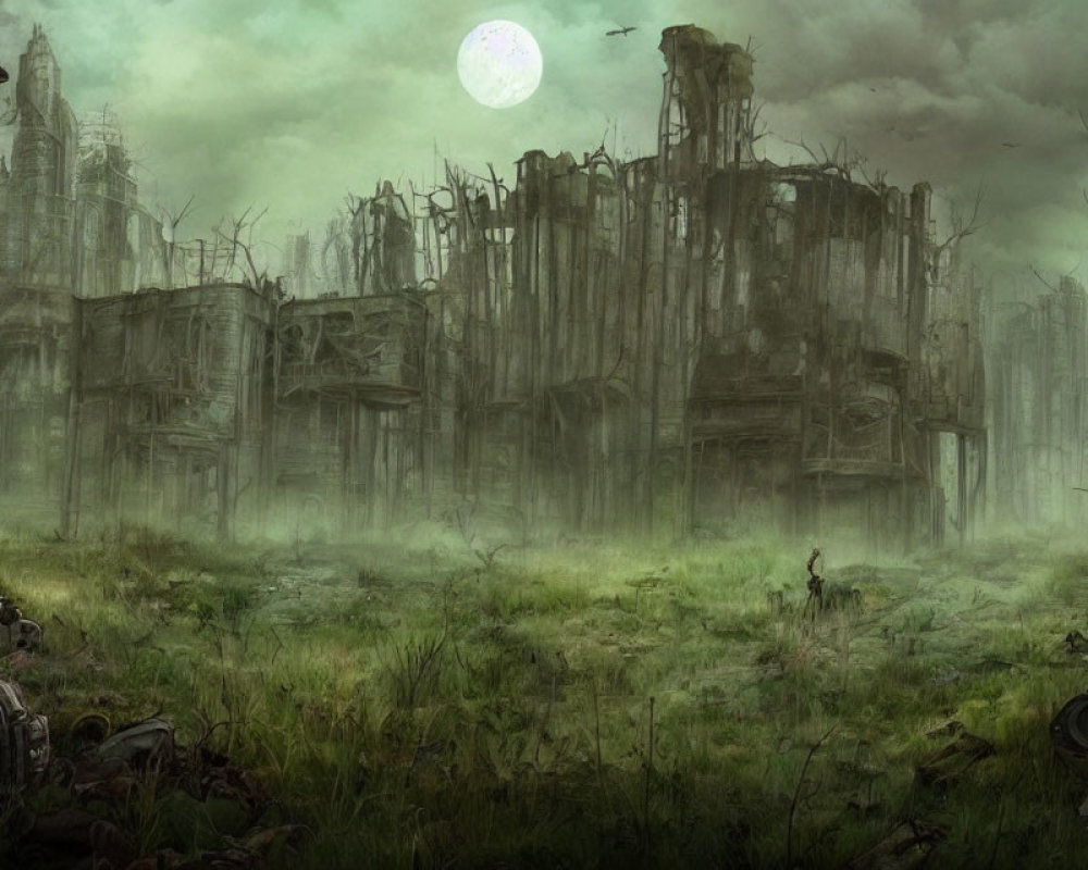 Desolate landscape with ruins, decaying buildings, and eerie atmosphere