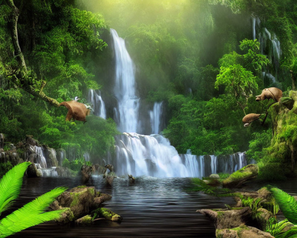 Serene forest scene with multi-tiered waterfall and grazing deer