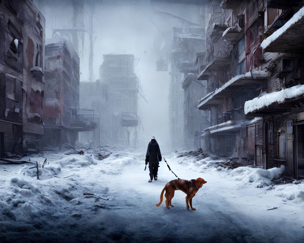 Solitary figure and dog in snowy post-apocalyptic urban scene
