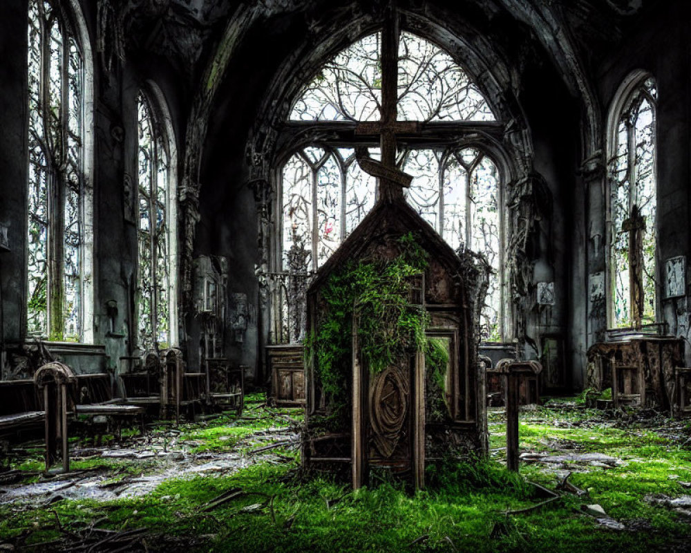 Decaying church interior with overgrown vegetation, broken altar, pews, and stained glass windows