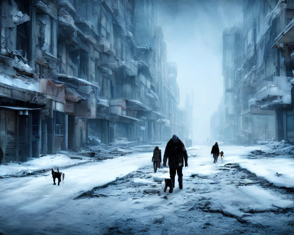 Desolate snowy urban landscape with figures and dog among abandoned ice-covered buildings