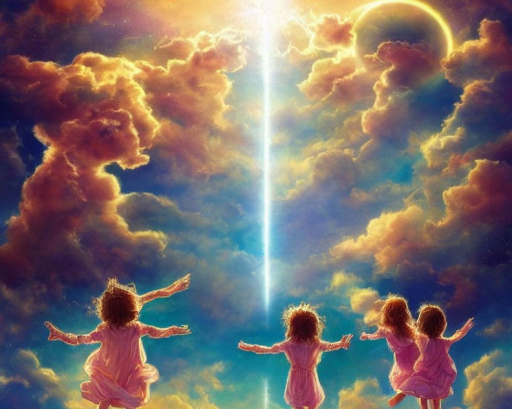 Four winged children holding hands in the sky with bright light beam