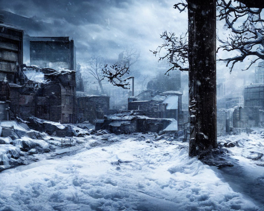 Snow-covered cityscape with dilapidated buildings and bare trees in a somber winter scene