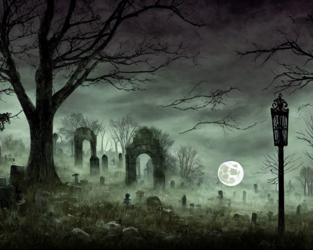 Moonlit graveyard with bare trees and tombstones under cloudy sky