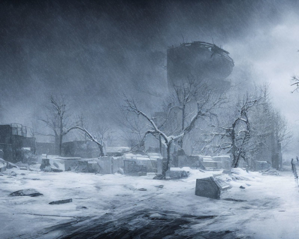 Desolate winter landscape with lone figure in snowy ruins