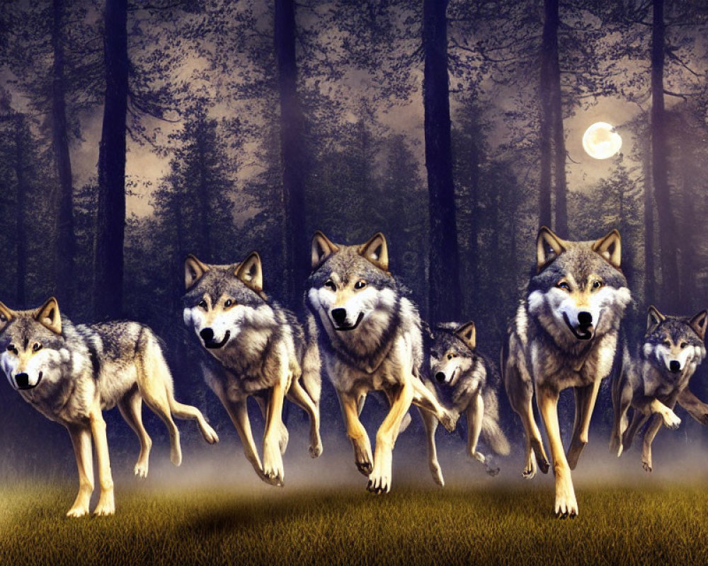 Wolves Running in Forest at Night Under Full Moon