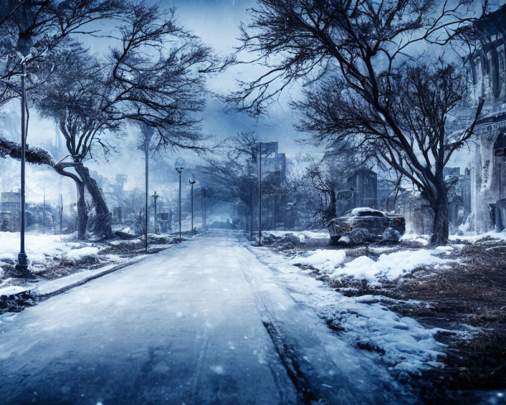 Desolate winter street with snow, bare trees, old buildings, vintage lamp posts.