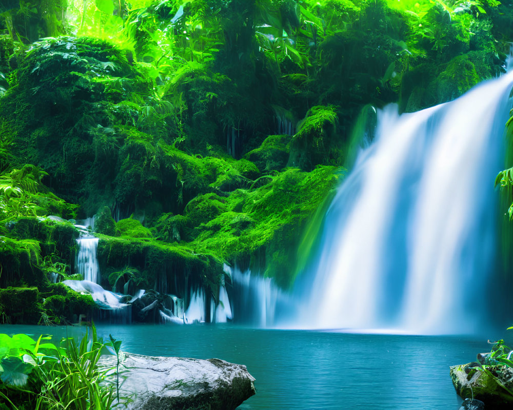 Tranquil waterfall over lush greenery and blue pool