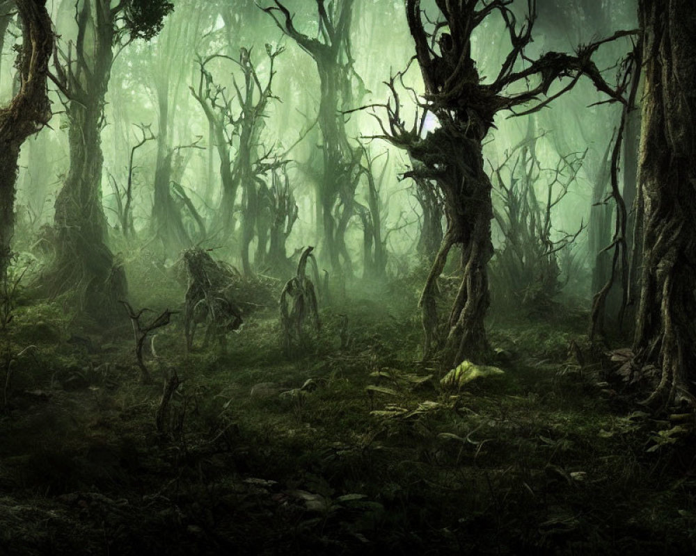 Mysterious misty forest with twisted trees