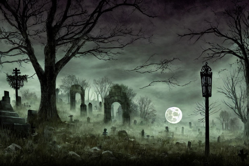 Moonlit graveyard with bare trees and tombstones under cloudy sky