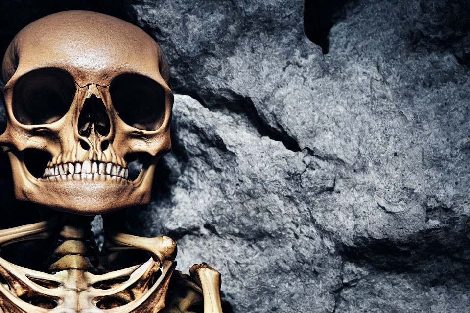 Human Skull and Partial Skeleton on Textured Rock Background