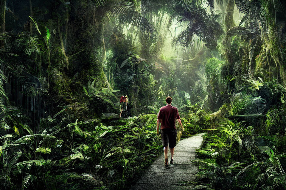 Two individuals walking in a lush, misty jungle with vibrant green foliage