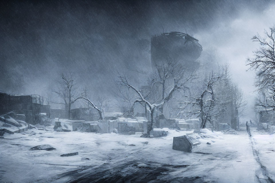 Desolate winter landscape with lone figure in snowy ruins