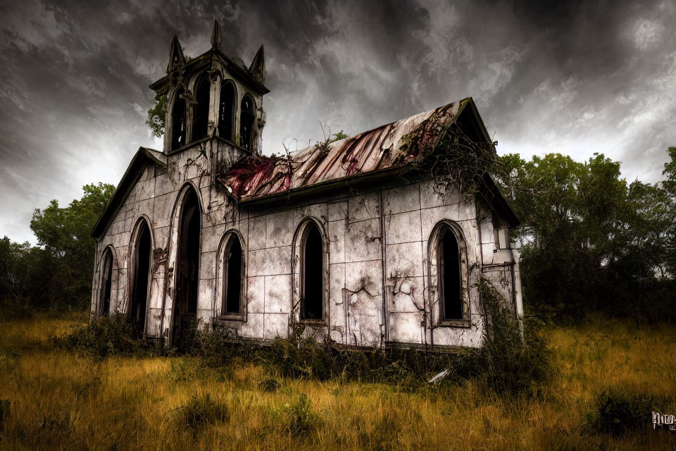 Dilapidated church with overgrown roof under cloudy sky