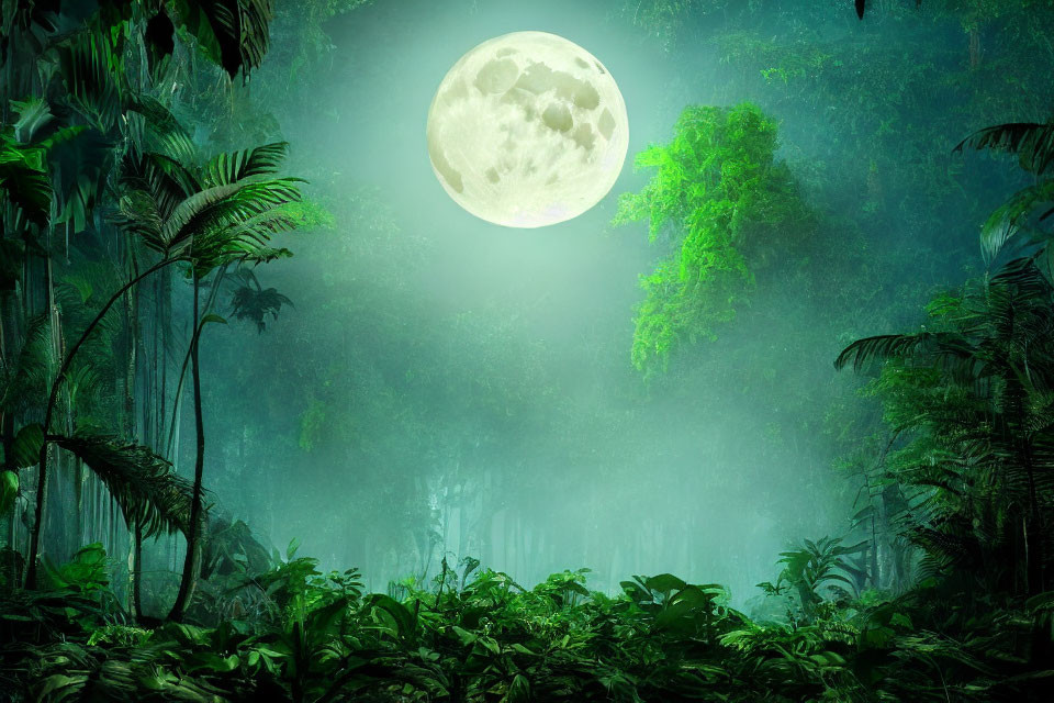 Misty tropical jungle under full moon glow