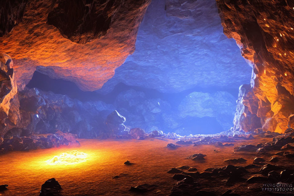 Luminous lava pool in cavern with rock formations and blue light source