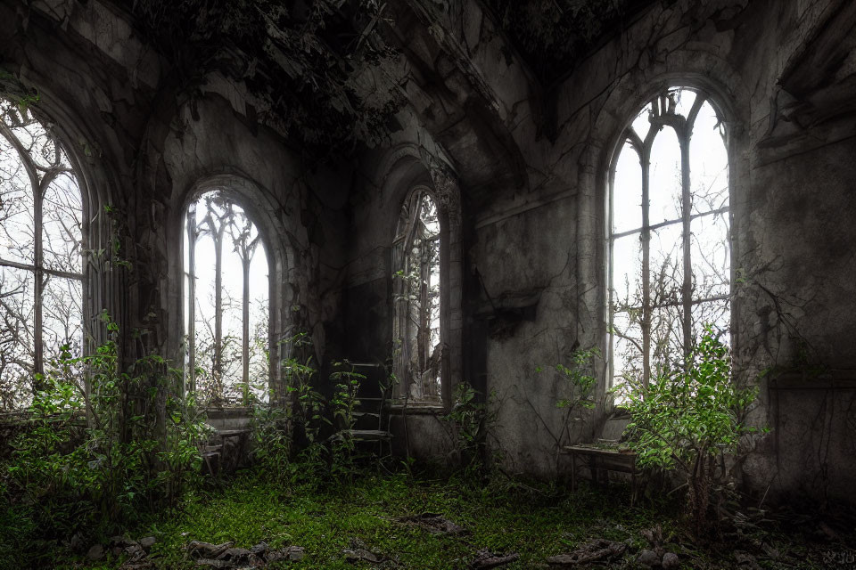 Overgrown Gothic church interior with crumbling walls and arched windows