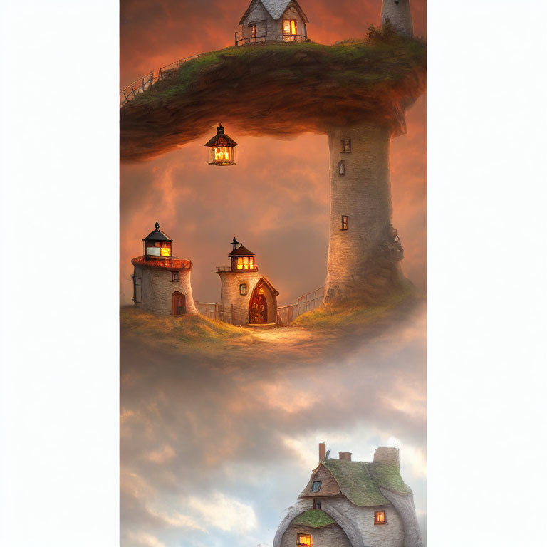 Artwork of Three Floating Islands with Stone Houses at Dawn or Dusk